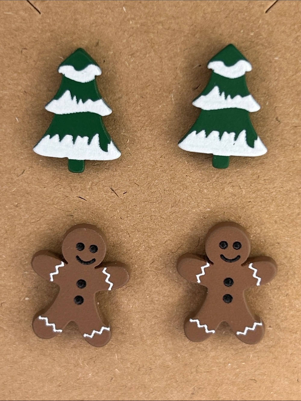 Holiday Tree & Gingerbread Stud Earring Set Green & Brown Fashion Jewelry